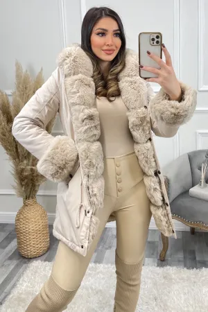 Irene Beige Button Down Longline Faux Fur Trim Coat