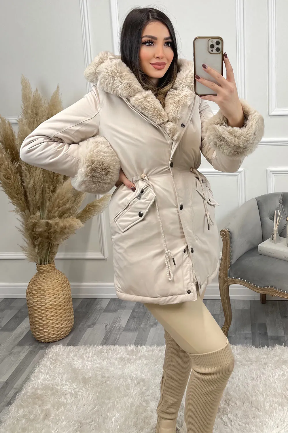 Irene Beige Button Down Longline Faux Fur Trim Coat