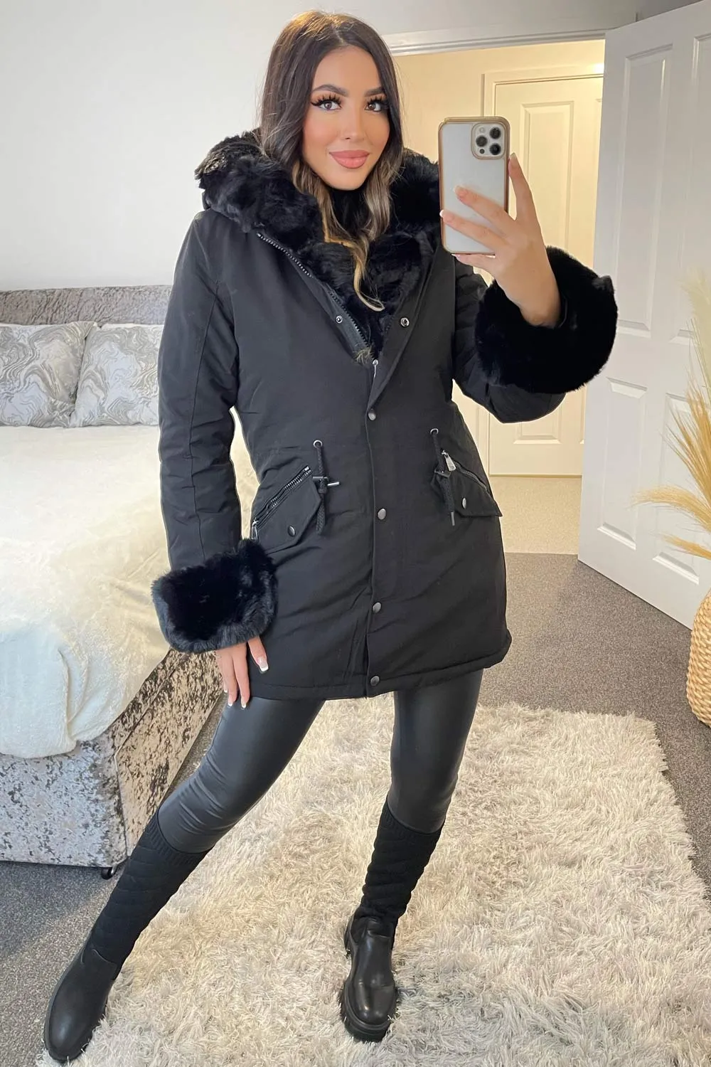 Irene Black Button Down Longline Faux Fur Trim Coat