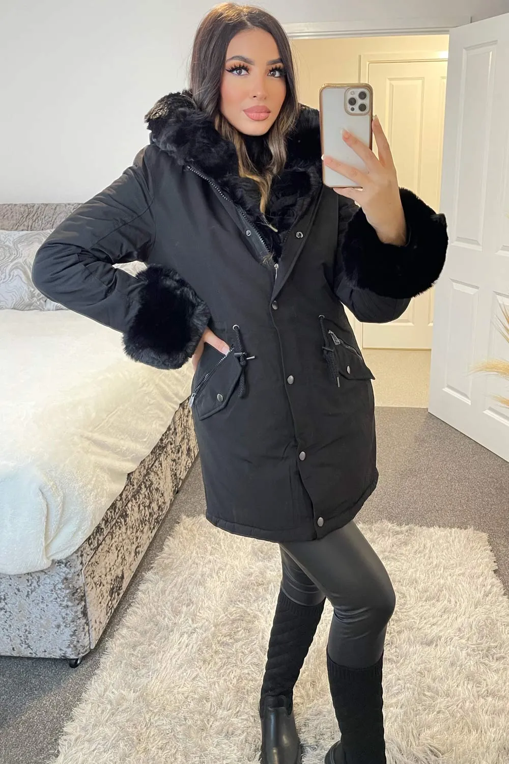 Irene Black Button Down Longline Faux Fur Trim Coat