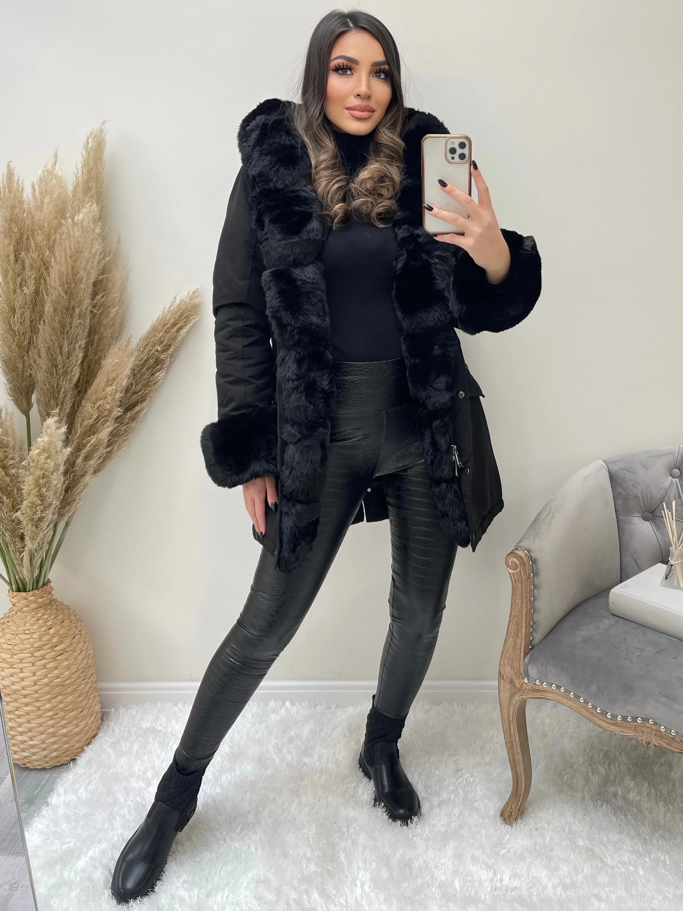 Irene Black Button Down Longline Faux Fur Trim Coat