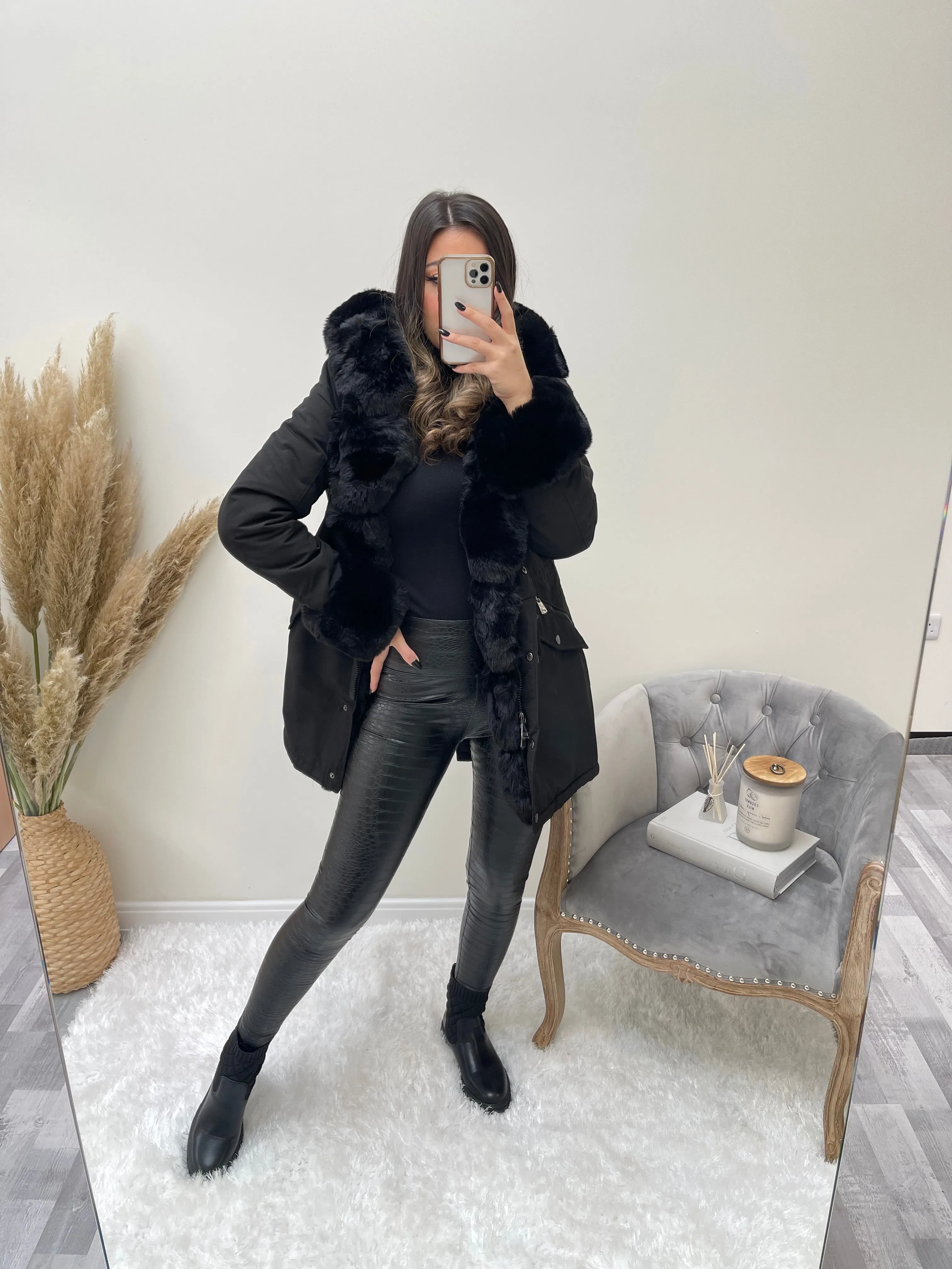 Irene Black Button Down Longline Faux Fur Trim Coat