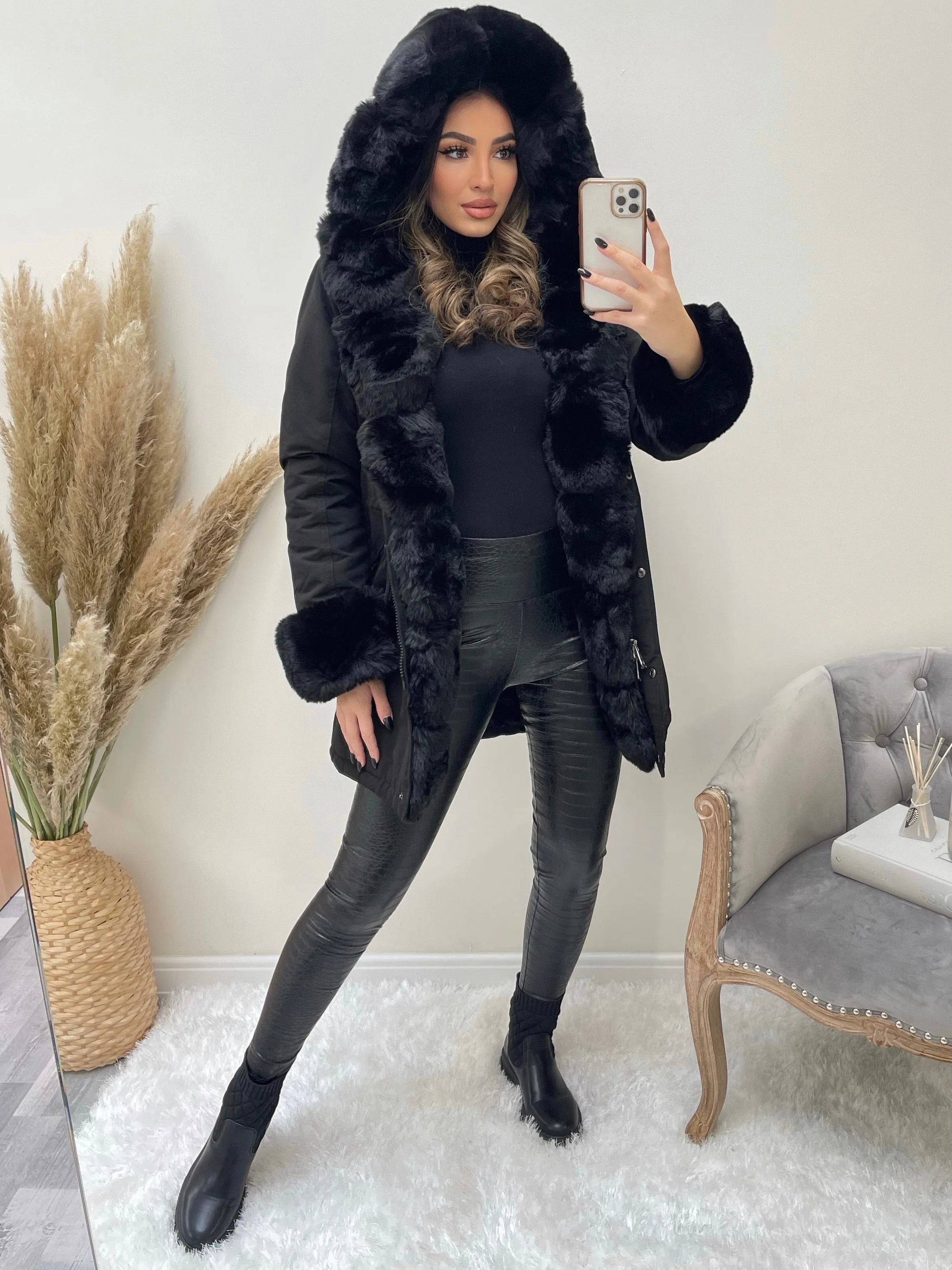 Irene Black Button Down Longline Faux Fur Trim Coat