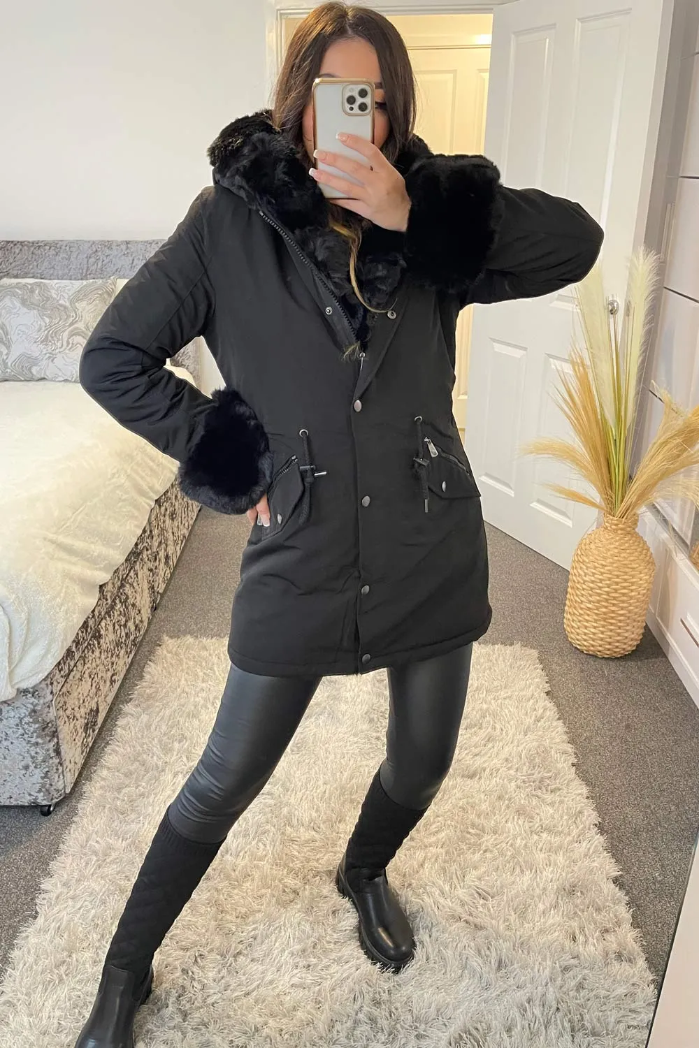 Irene Black Button Down Longline Faux Fur Trim Coat