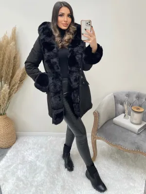 Irene Black Button Down Longline Faux Fur Trim Coat