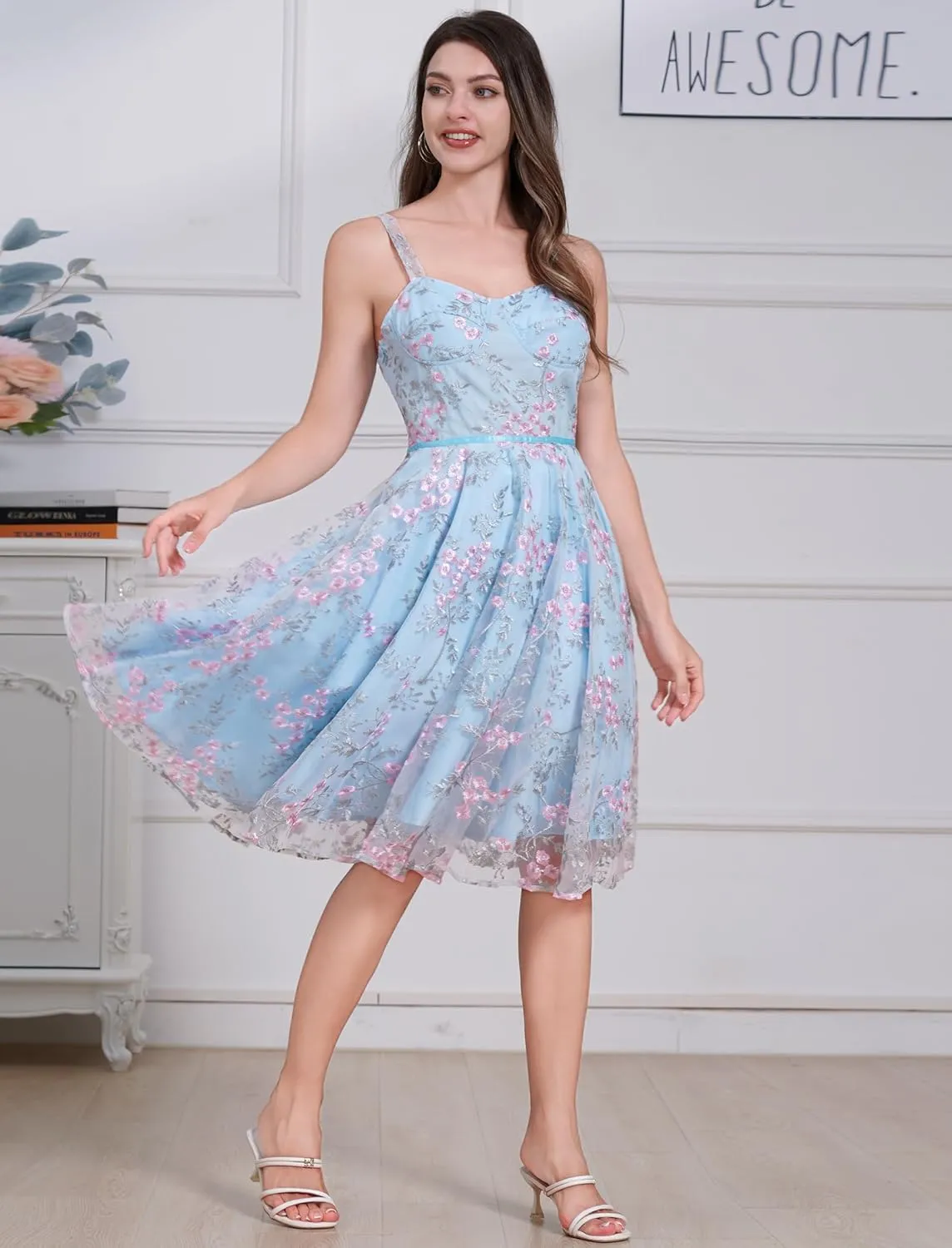 IWEMEK Women Spaghetti Strap Floral Lace Bridesmaid Cocktail Party Dress Cold Shoulder Ruffle Sleeve Wedding Guest Prom Dress