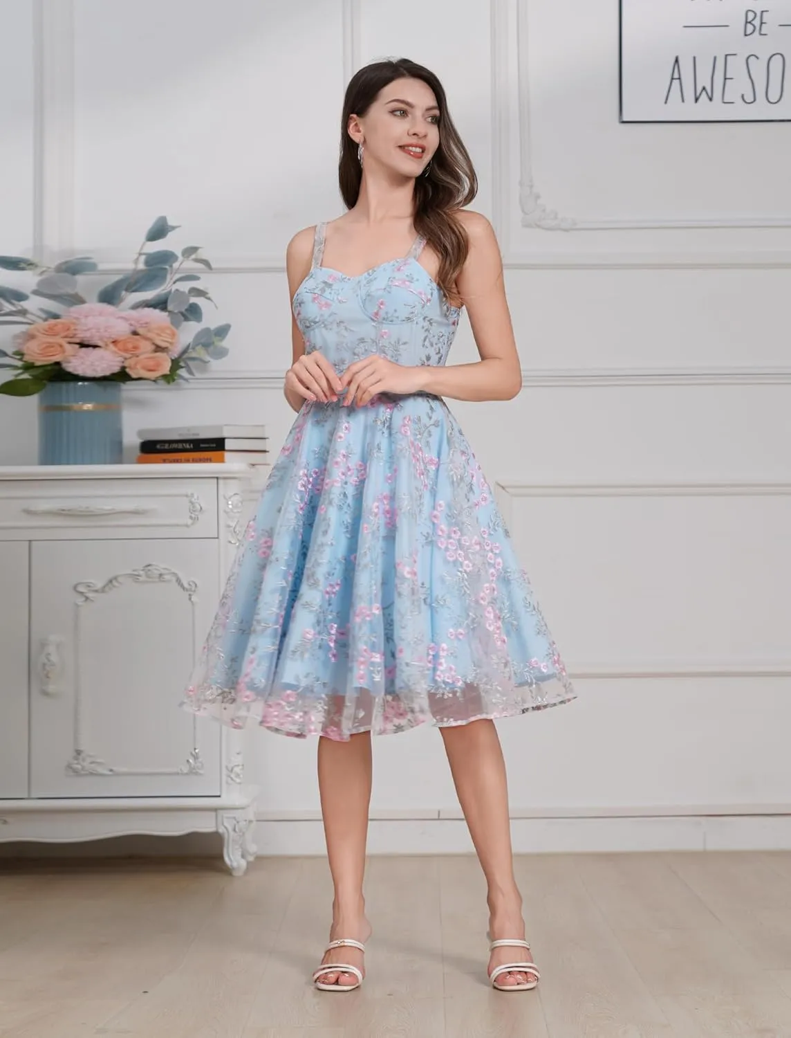 IWEMEK Women Spaghetti Strap Floral Lace Bridesmaid Cocktail Party Dress Cold Shoulder Ruffle Sleeve Wedding Guest Prom Dress
