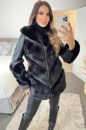 Izabell Black PU Faux Leather Faux Fur Panelled Longline Coat