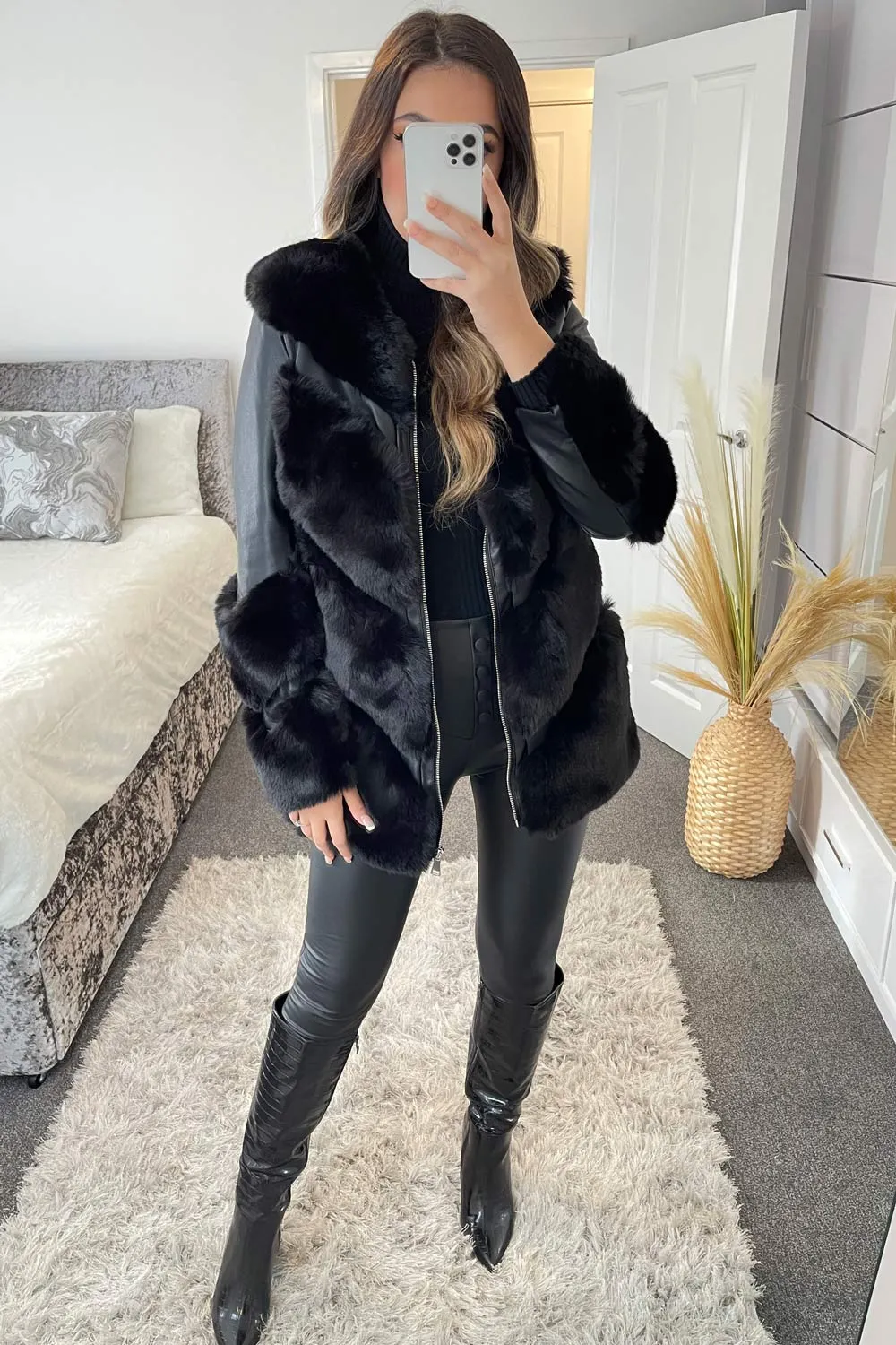 Izabell Black PU Faux Leather Faux Fur Panelled Longline Coat