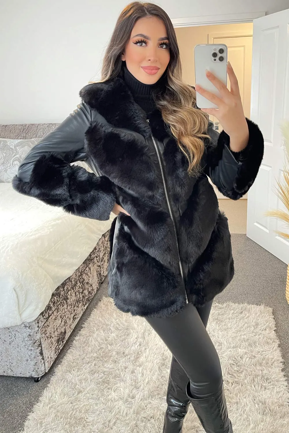 Izabell Black PU Faux Leather Faux Fur Panelled Longline Coat