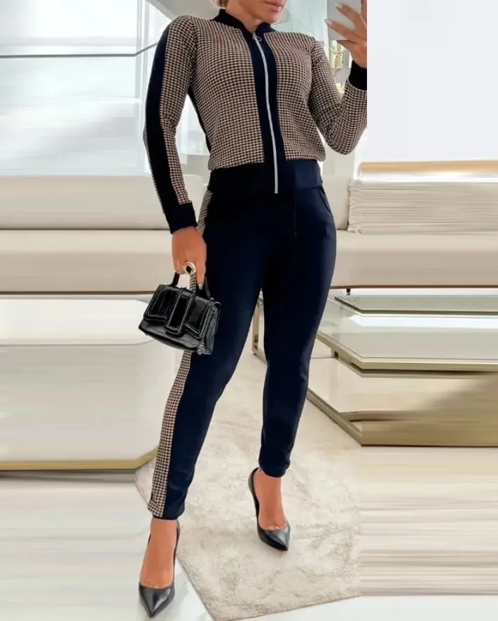 Joskaa Sporty Chic Women's Casual Two-Piece Set Checkered Printed Zipper Jacket Drawstring Pants Set Comfortable Daily Women's Sets