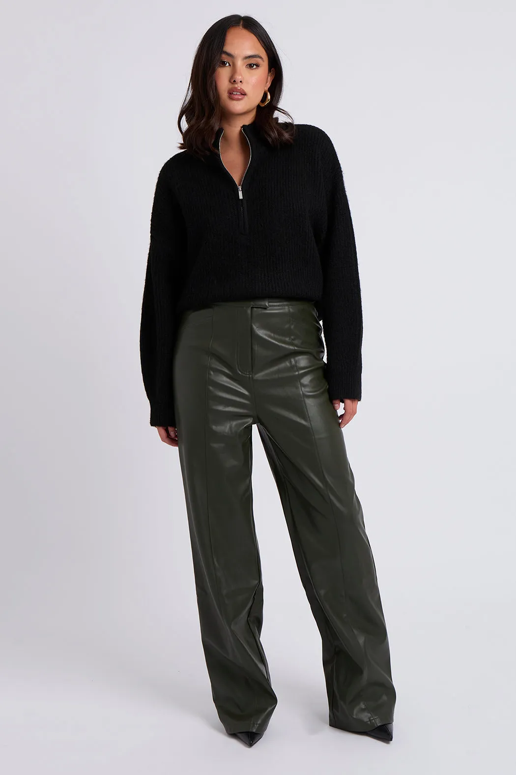 Khaki Wide Leg PU Trouser