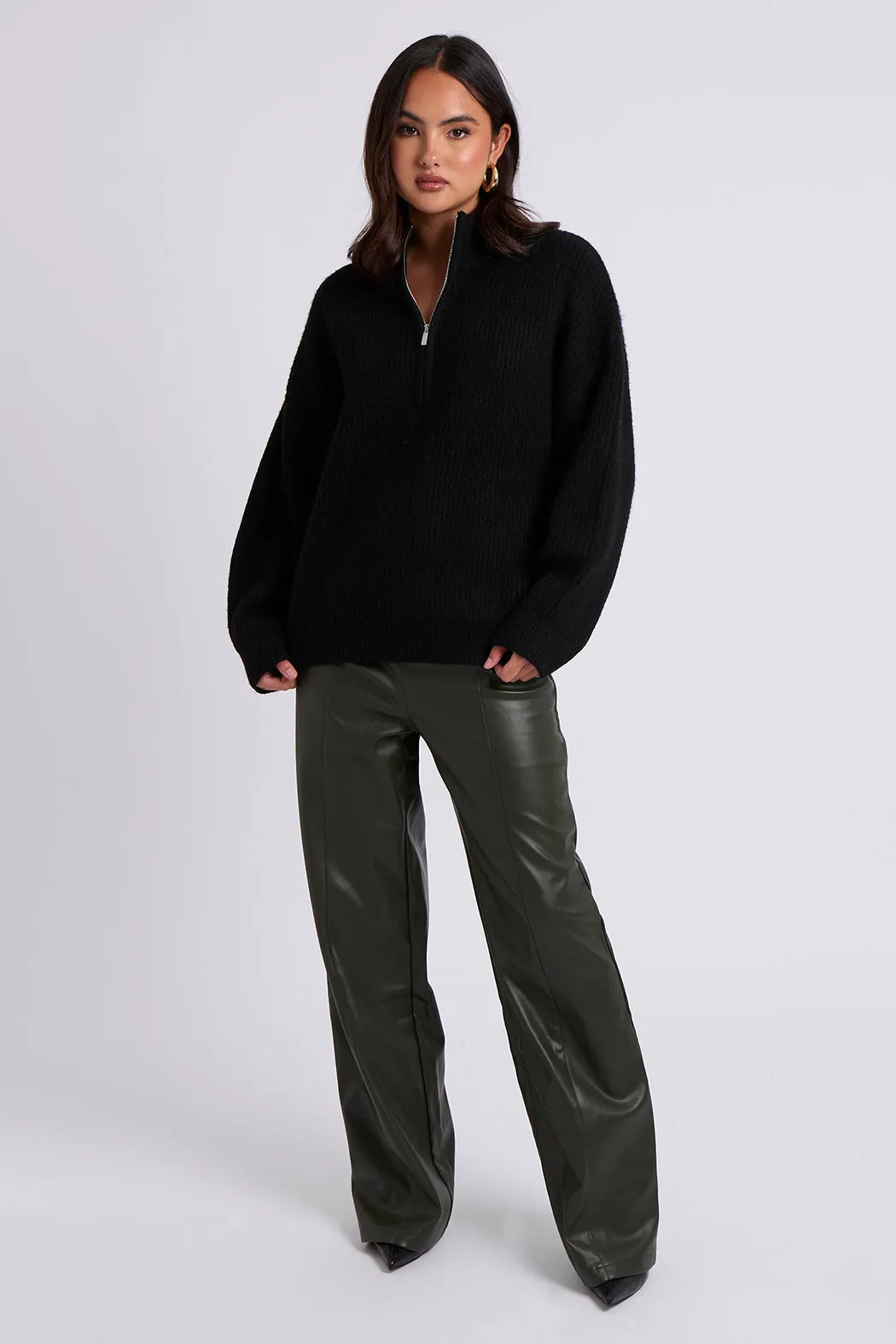 Khaki Wide Leg PU Trouser
