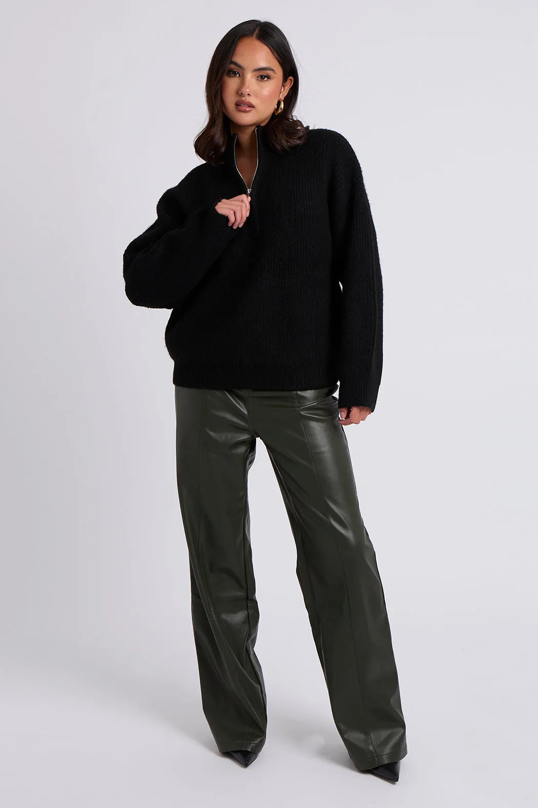 Khaki Wide Leg PU Trouser