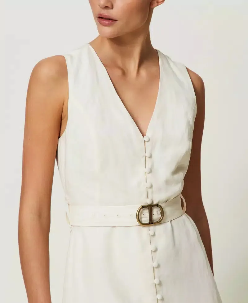 Long Linen Blend Dress - Ivory