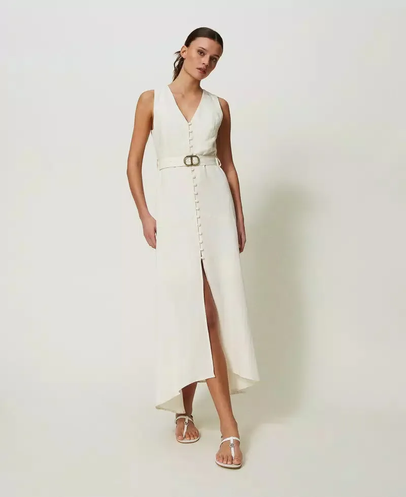 Long Linen Blend Dress - Ivory