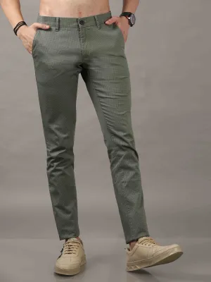 Men's Olive Cotton Blend Narrow Fit Printed Causal Trouser