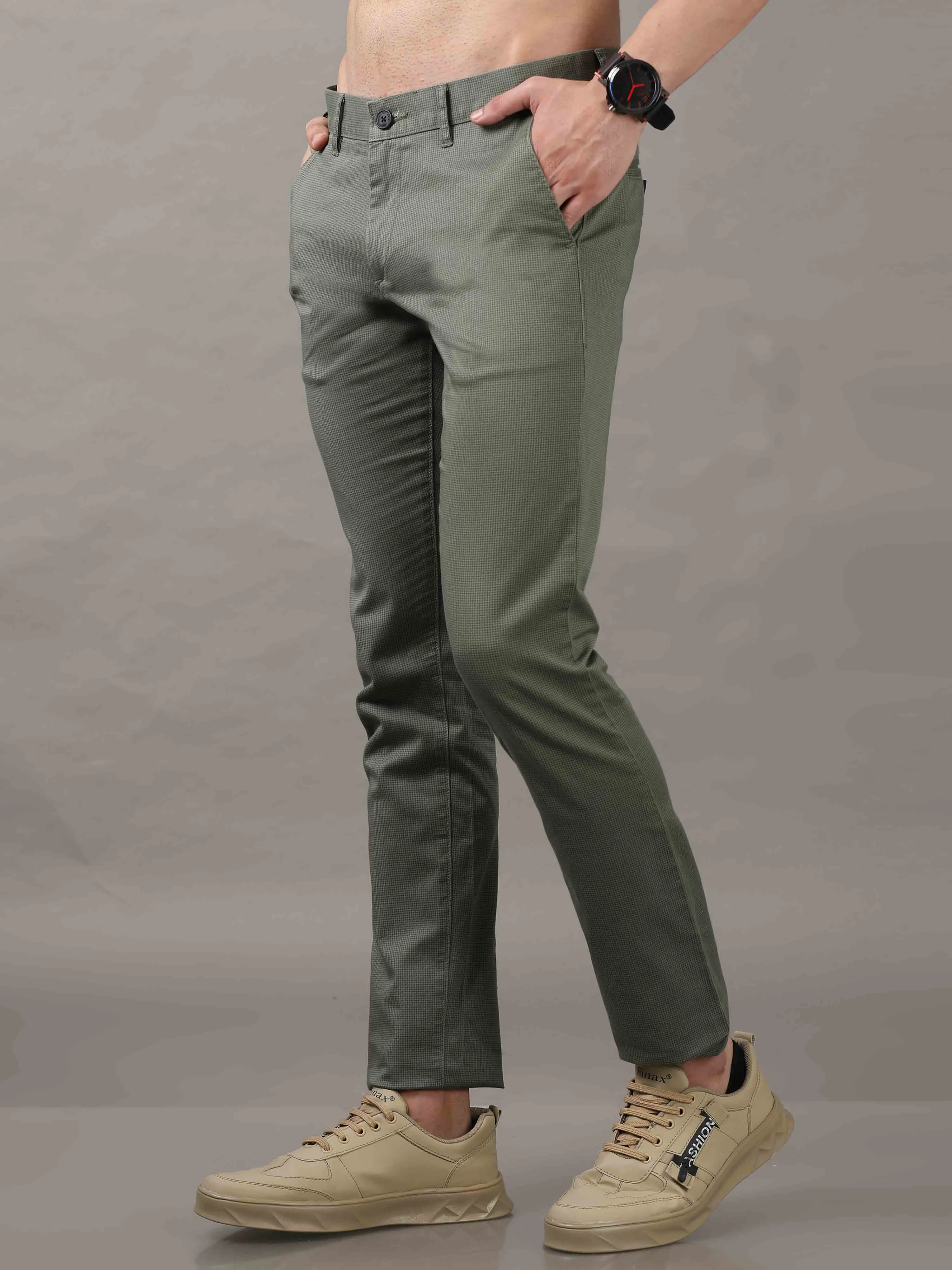 Men's Olive Cotton Blend Narrow Fit Printed Causal Trouser