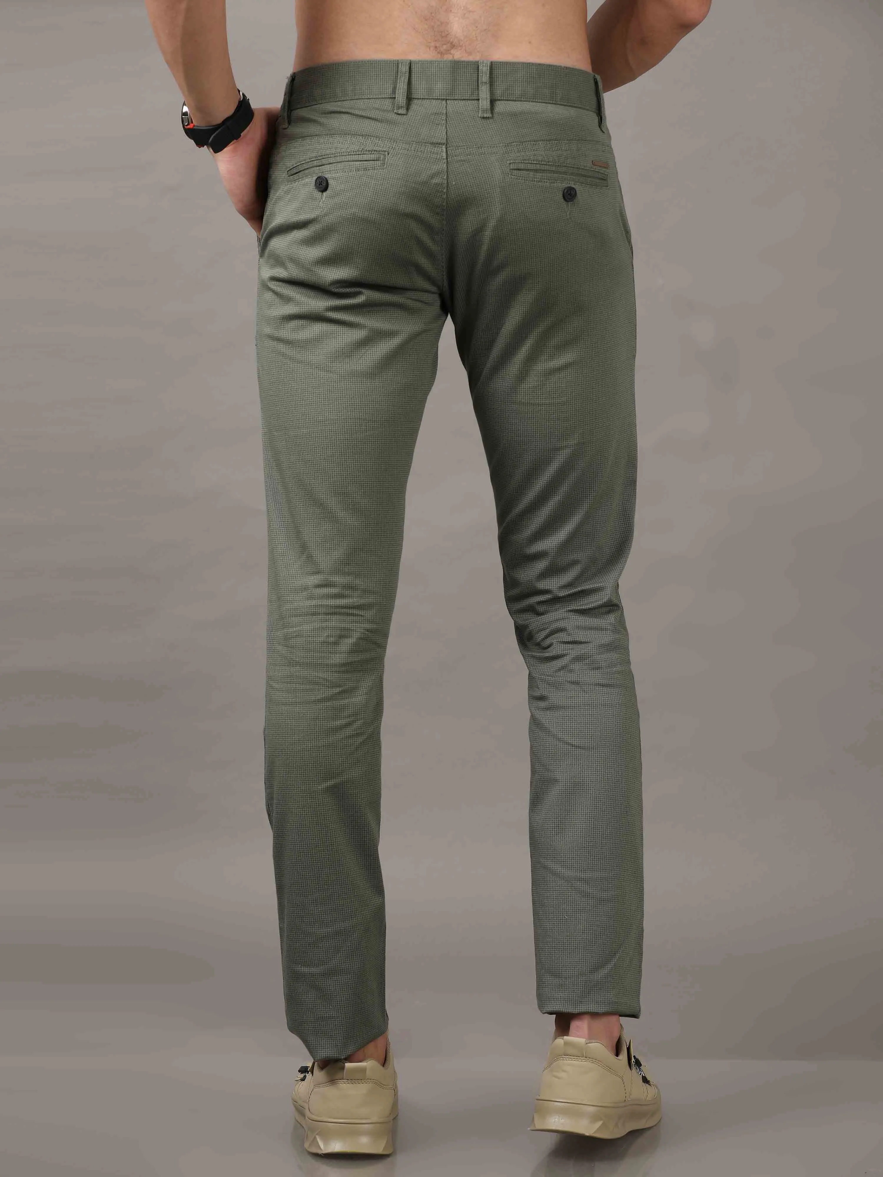 Men's Olive Cotton Blend Narrow Fit Printed Causal Trouser