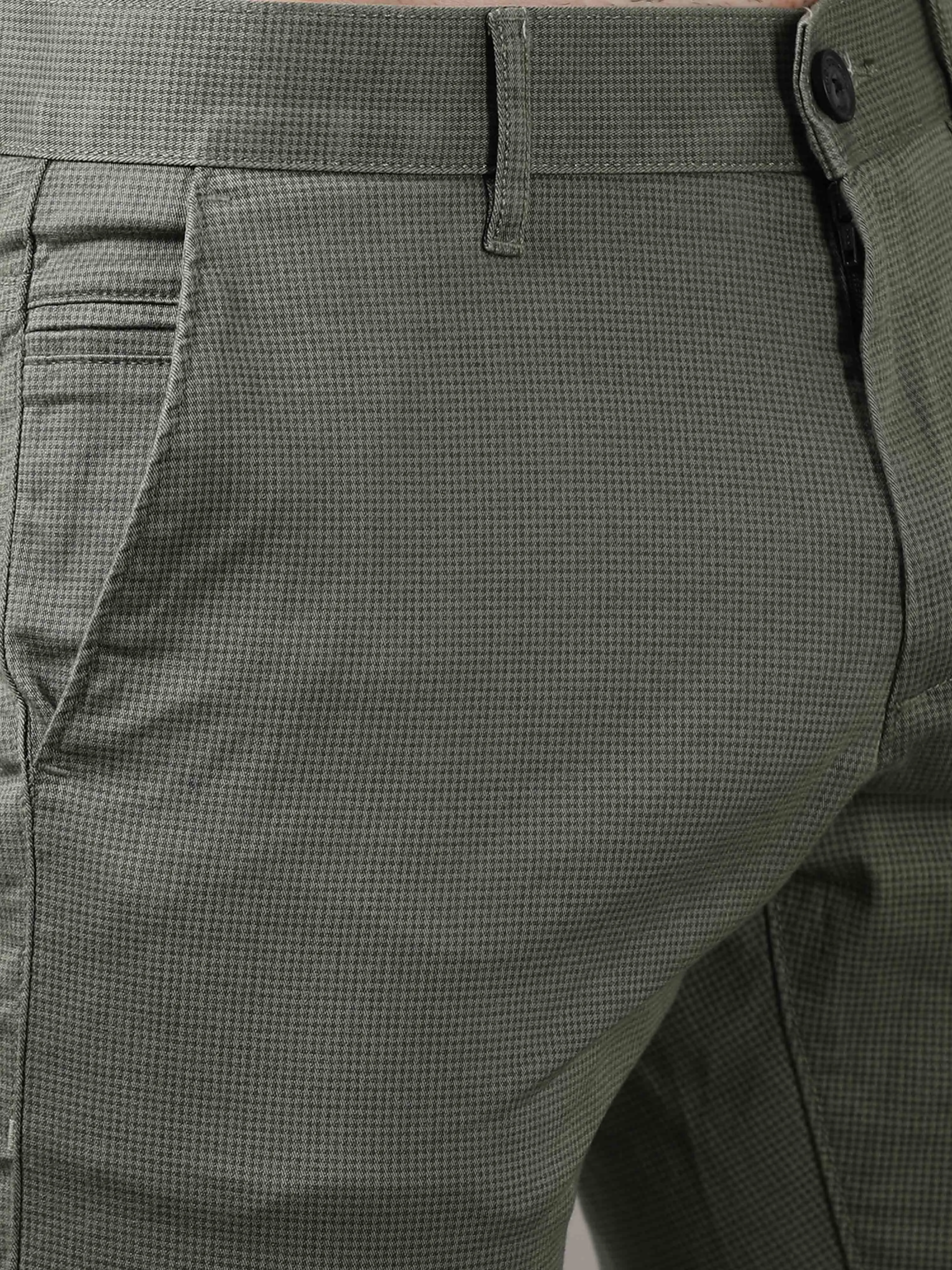 Men's Olive Cotton Blend Narrow Fit Printed Causal Trouser
