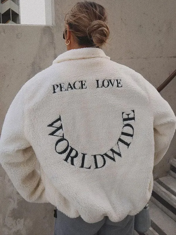New Faux Fur Coats For Women White Long Sleeves Letters Print Oversized Zipper Winter Coat