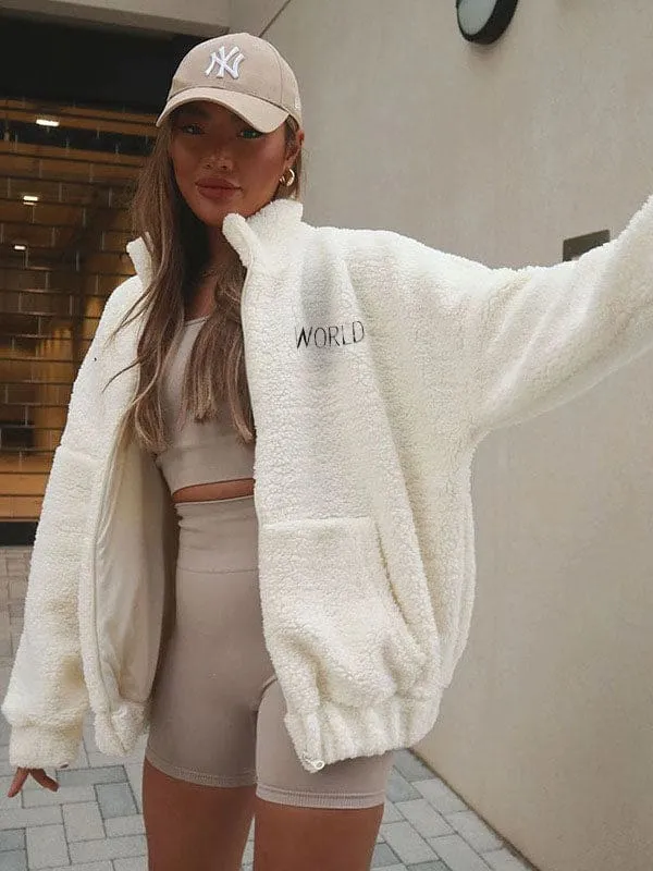 New Faux Fur Coats For Women White Long Sleeves Letters Print Oversized Zipper Winter Coat