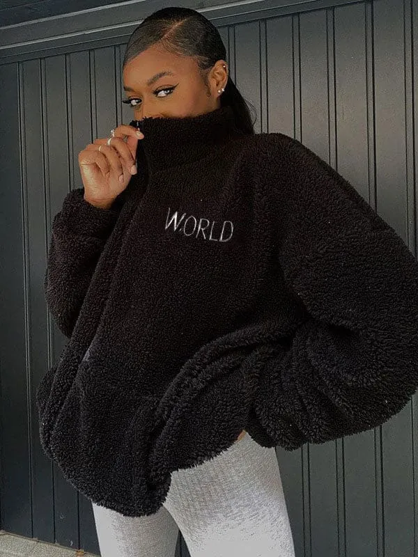 New Faux Fur Coats For Women White Long Sleeves Letters Print Oversized Zipper Winter Coat