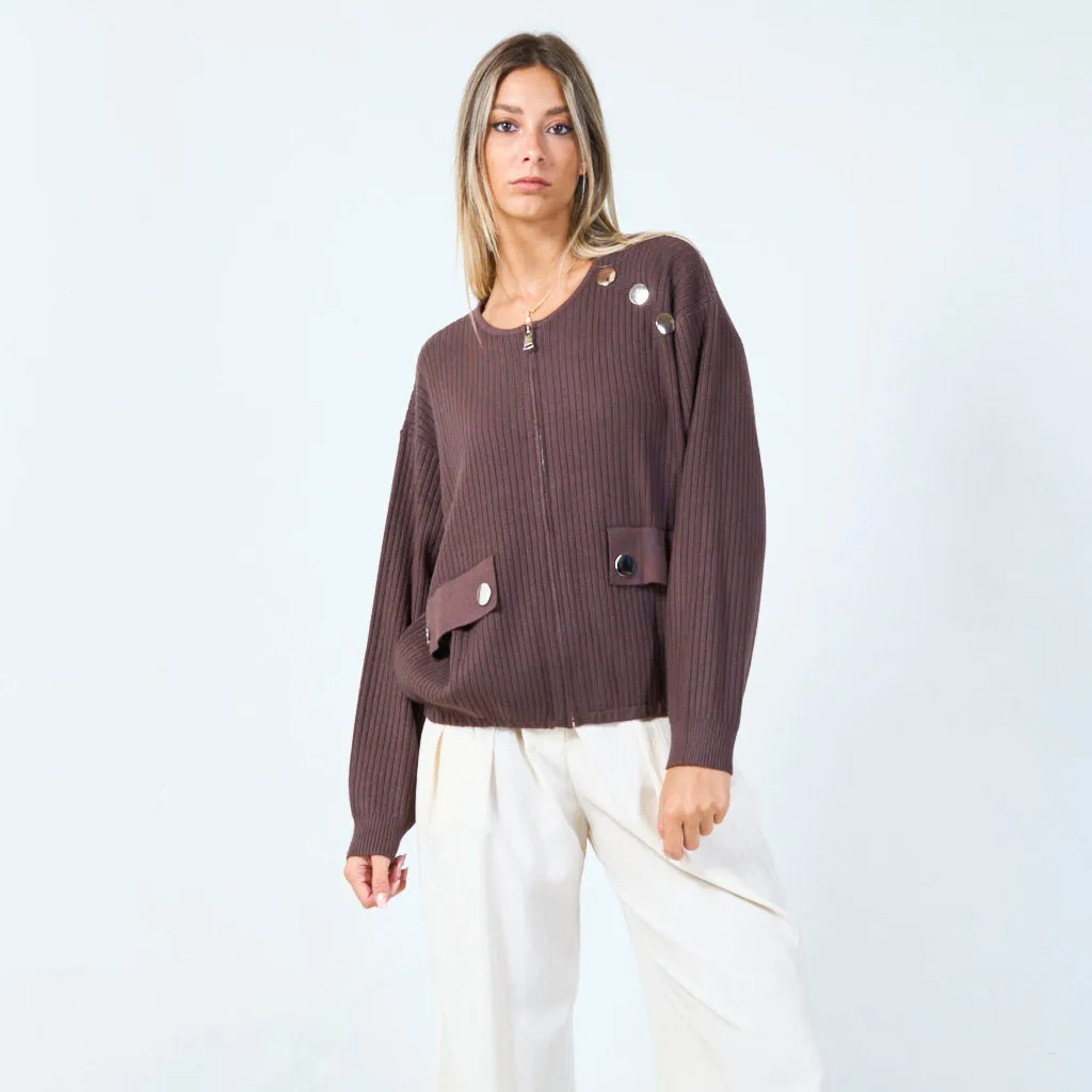 Ribbed zip-up sweater with button details wholesale