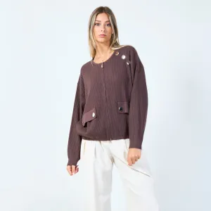 Ribbed zip-up sweater with button details wholesale