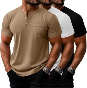 Riyiper 3 Pack Men's Big and Tall Henley T-Shirts, Short Sleeve Pocket Cotton Loose Fit Shirt Summer Oversized Button Tee
