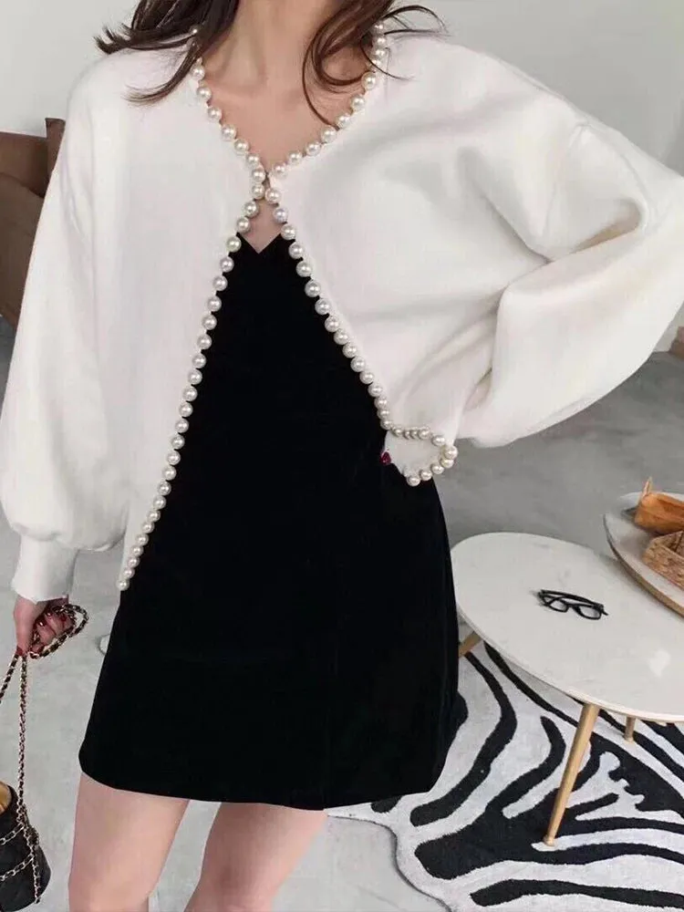 Round Neck Pearl Trim Long Sleeve Sweater