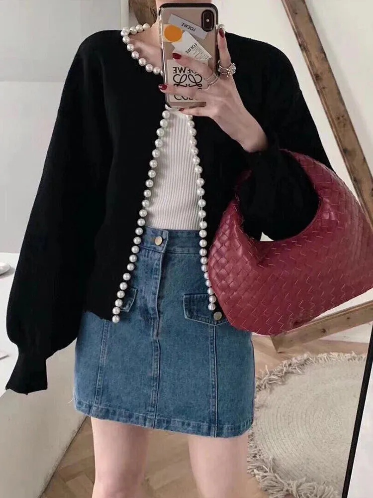 Round Neck Pearl Trim Long Sleeve Sweater
