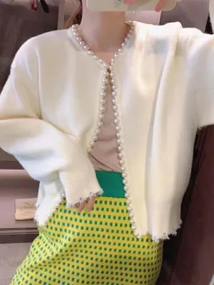 Round Neck Pearl Trim Long Sleeve Sweater