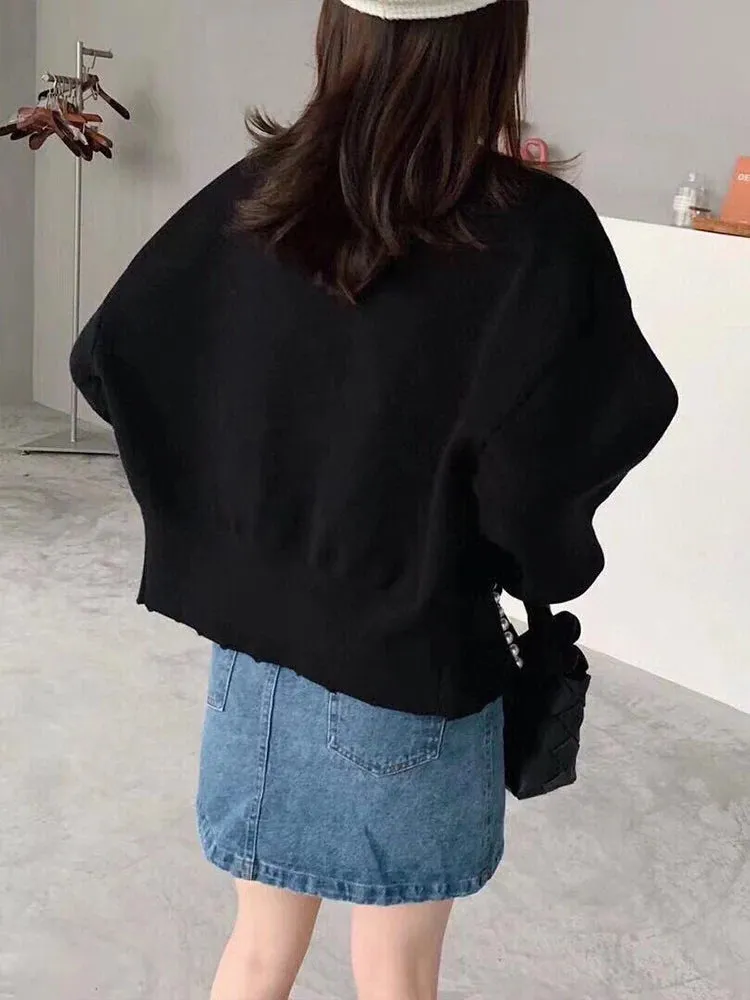 Round Neck Pearl Trim Long Sleeve Sweater