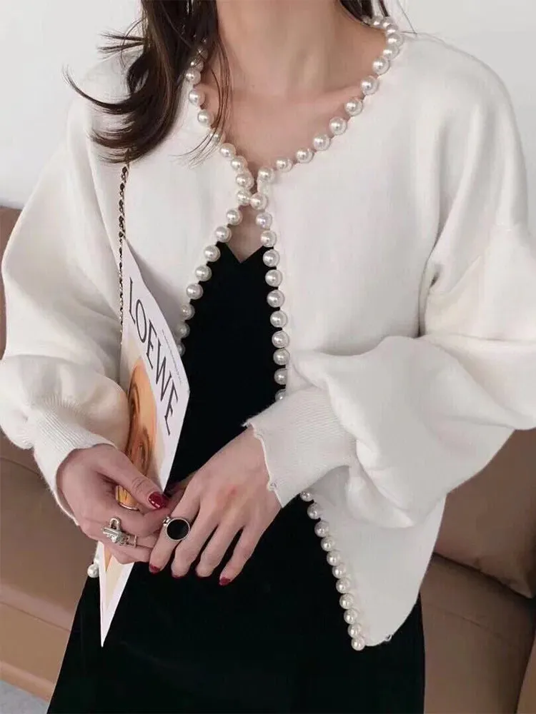Round Neck Pearl Trim Long Sleeve Sweater