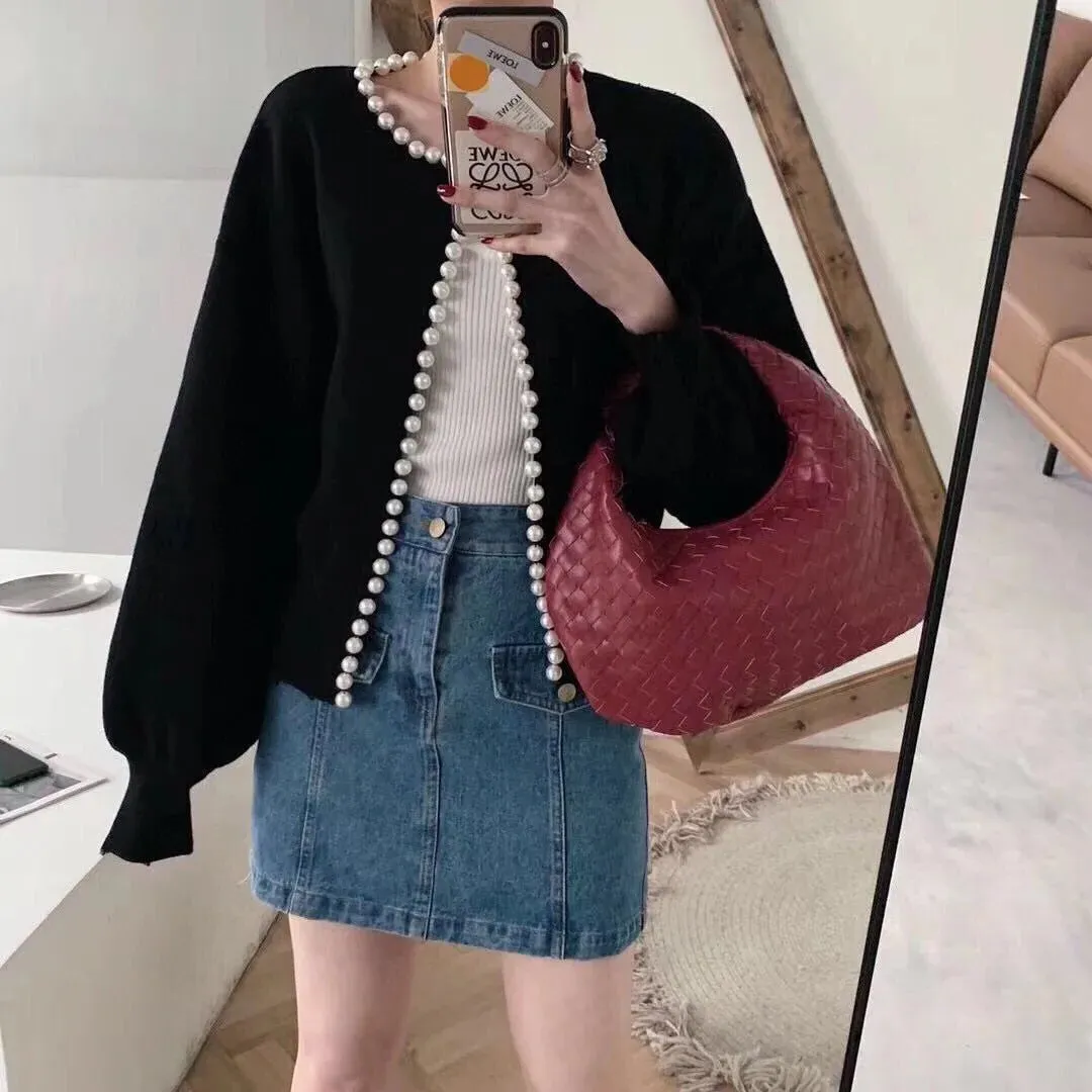 Round Neck Pearl Trim Long Sleeve Sweater
