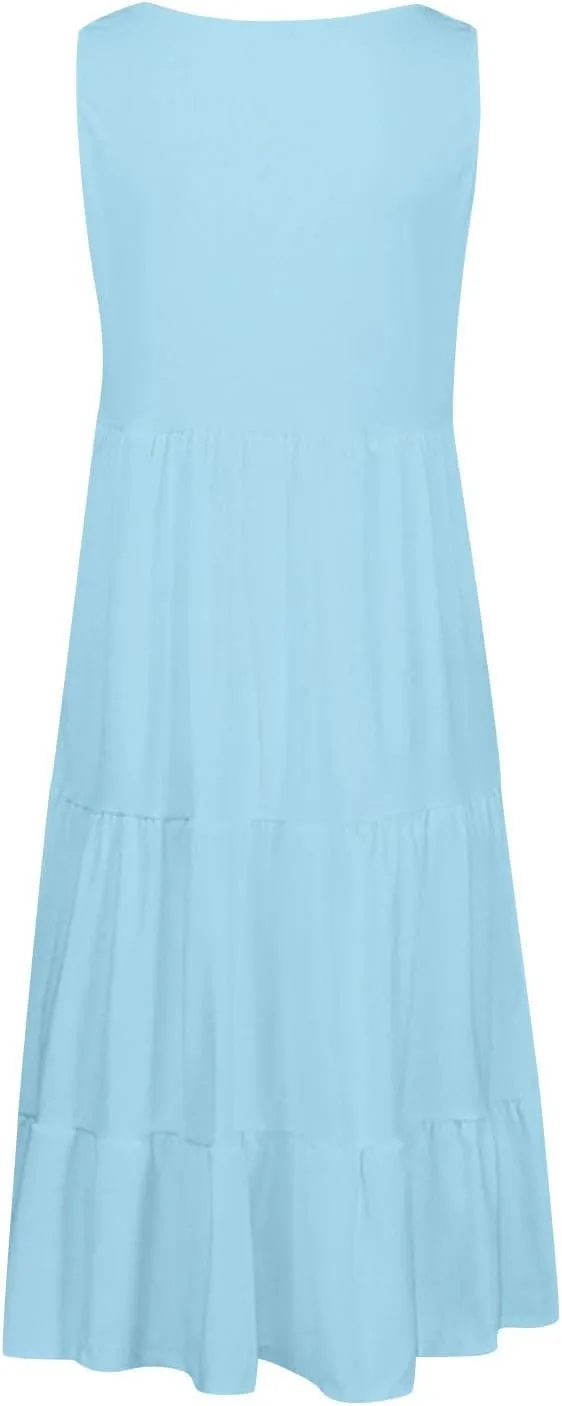 Summer Dresses for Women 2025 Vacation Sleeveless Crewneck Mini Tank Dress Tiered Ruffle Flowy Beach Sundresses