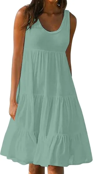 Summer Dresses for Women 2025 Vacation Sleeveless Crewneck Mini Tank Dress Tiered Ruffle Flowy Beach Sundresses