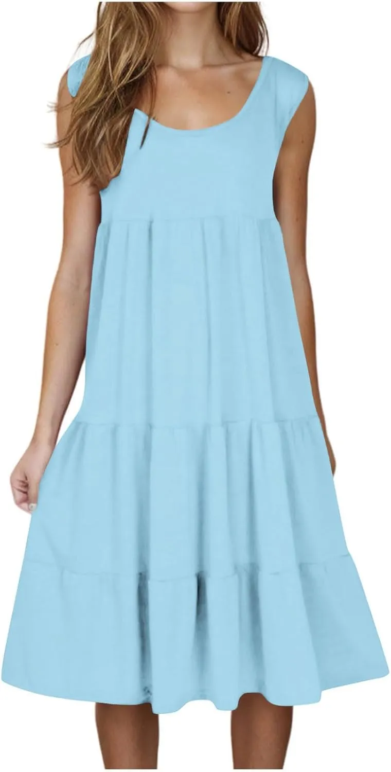 Summer Dresses for Women 2025 Vacation Sleeveless Crewneck Mini Tank Dress Tiered Ruffle Flowy Beach Sundresses