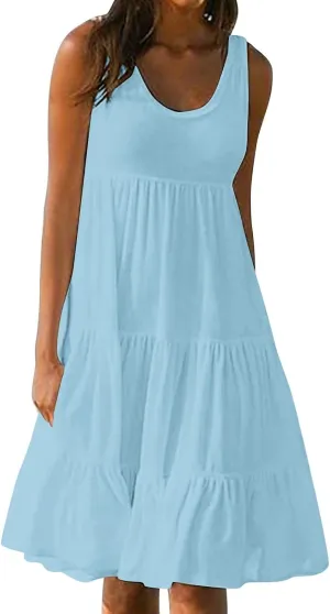Summer Dresses for Women 2025 Vacation Sleeveless Crewneck Mini Tank Dress Tiered Ruffle Flowy Beach Sundresses