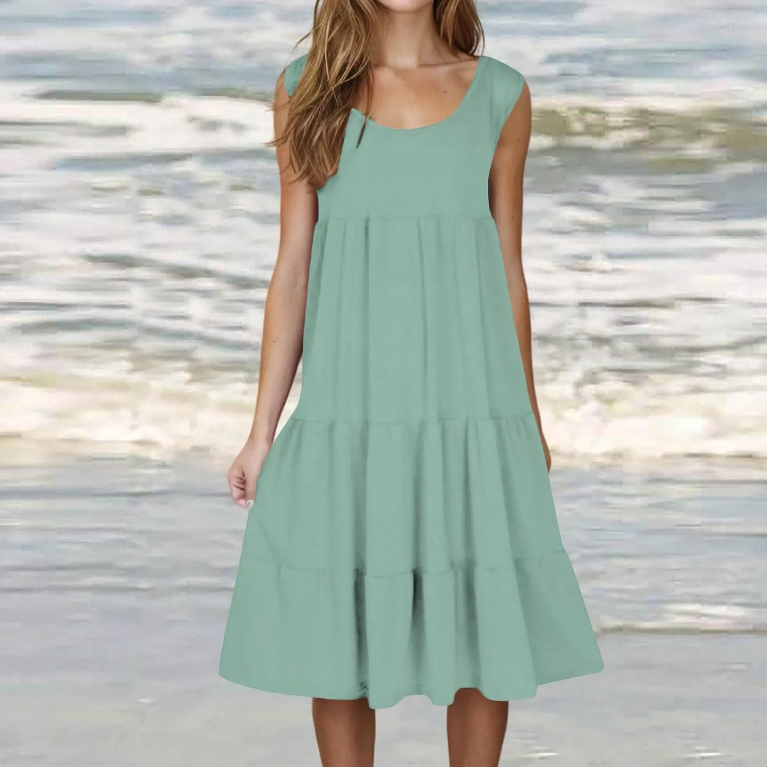 Summer Dresses for Women 2025 Vacation Sleeveless Crewneck Mini Tank Dress Tiered Ruffle Flowy Beach Sundresses