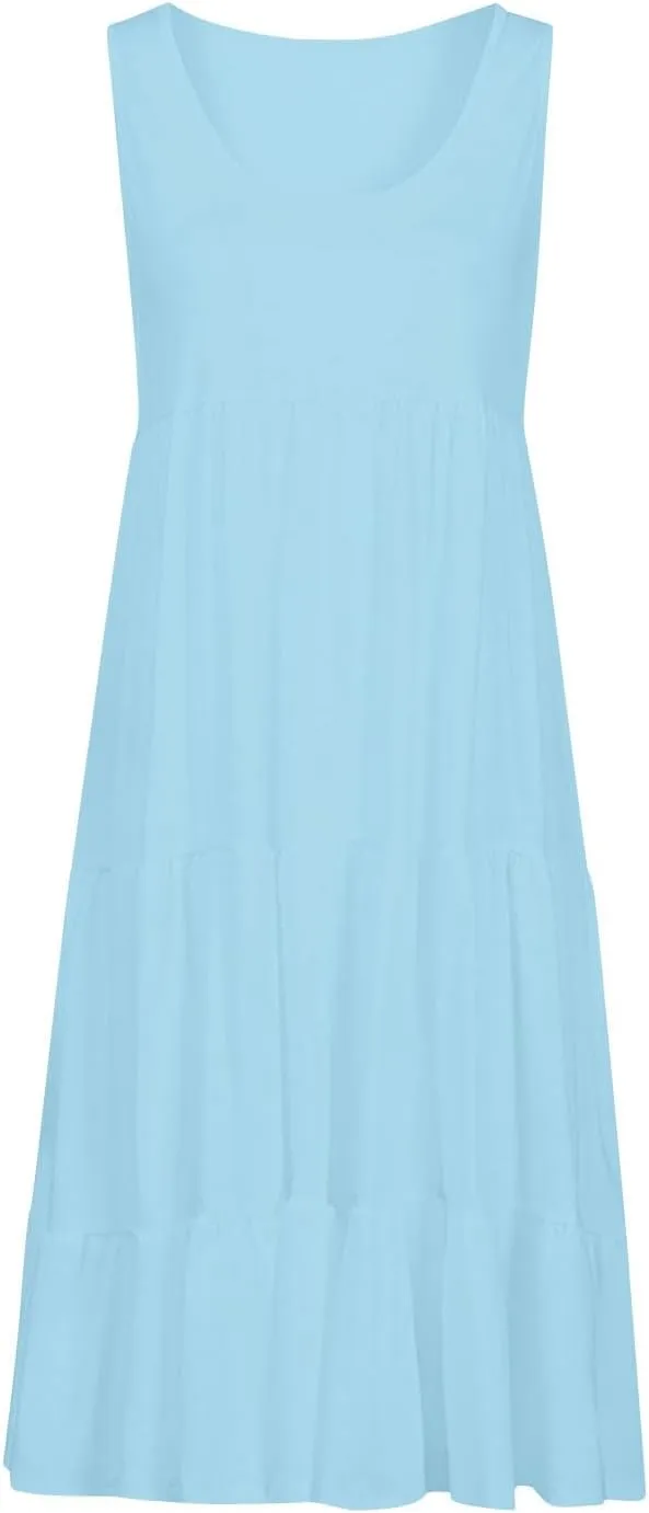 Summer Dresses for Women 2025 Vacation Sleeveless Crewneck Mini Tank Dress Tiered Ruffle Flowy Beach Sundresses