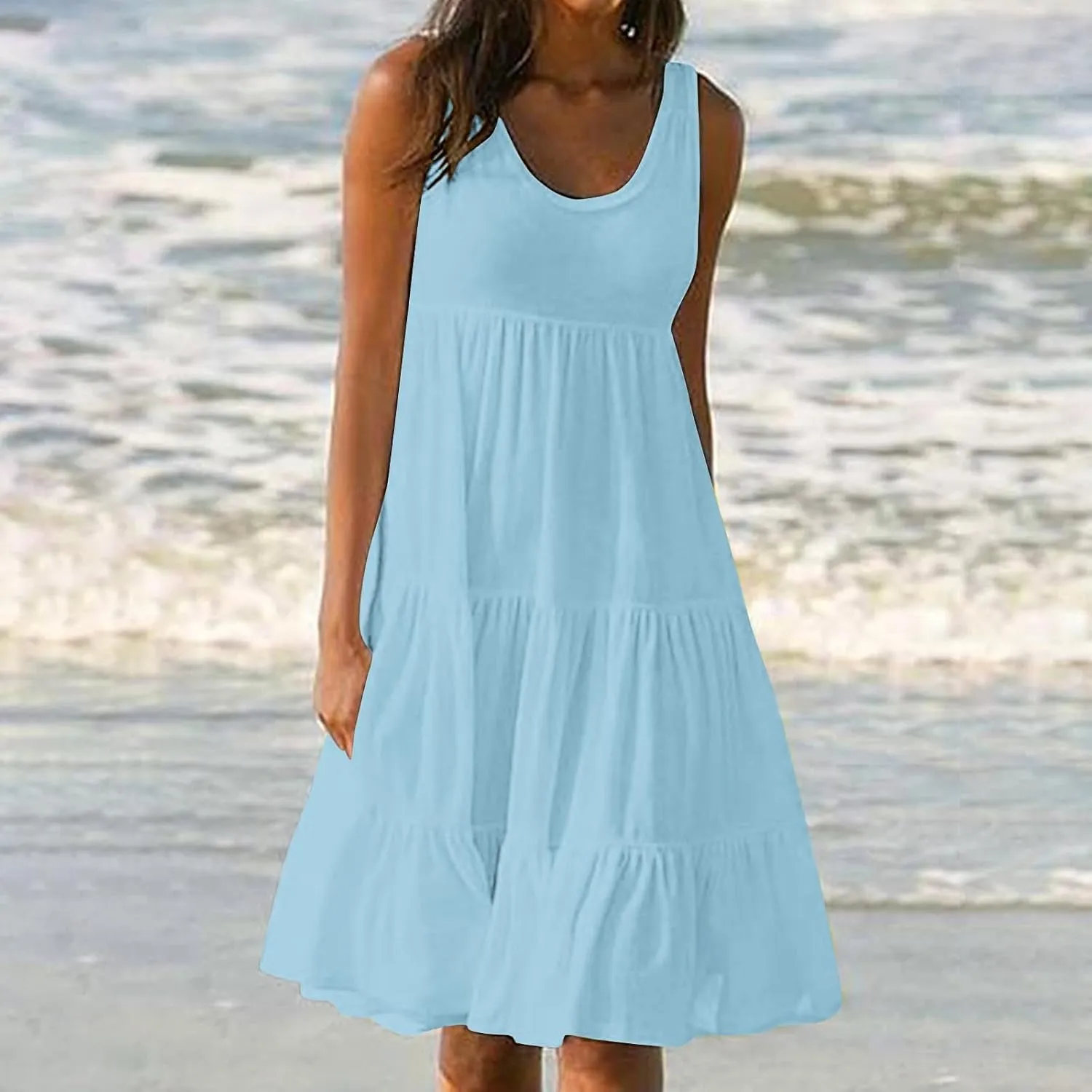 Summer Dresses for Women 2025 Vacation Sleeveless Crewneck Mini Tank Dress Tiered Ruffle Flowy Beach Sundresses
