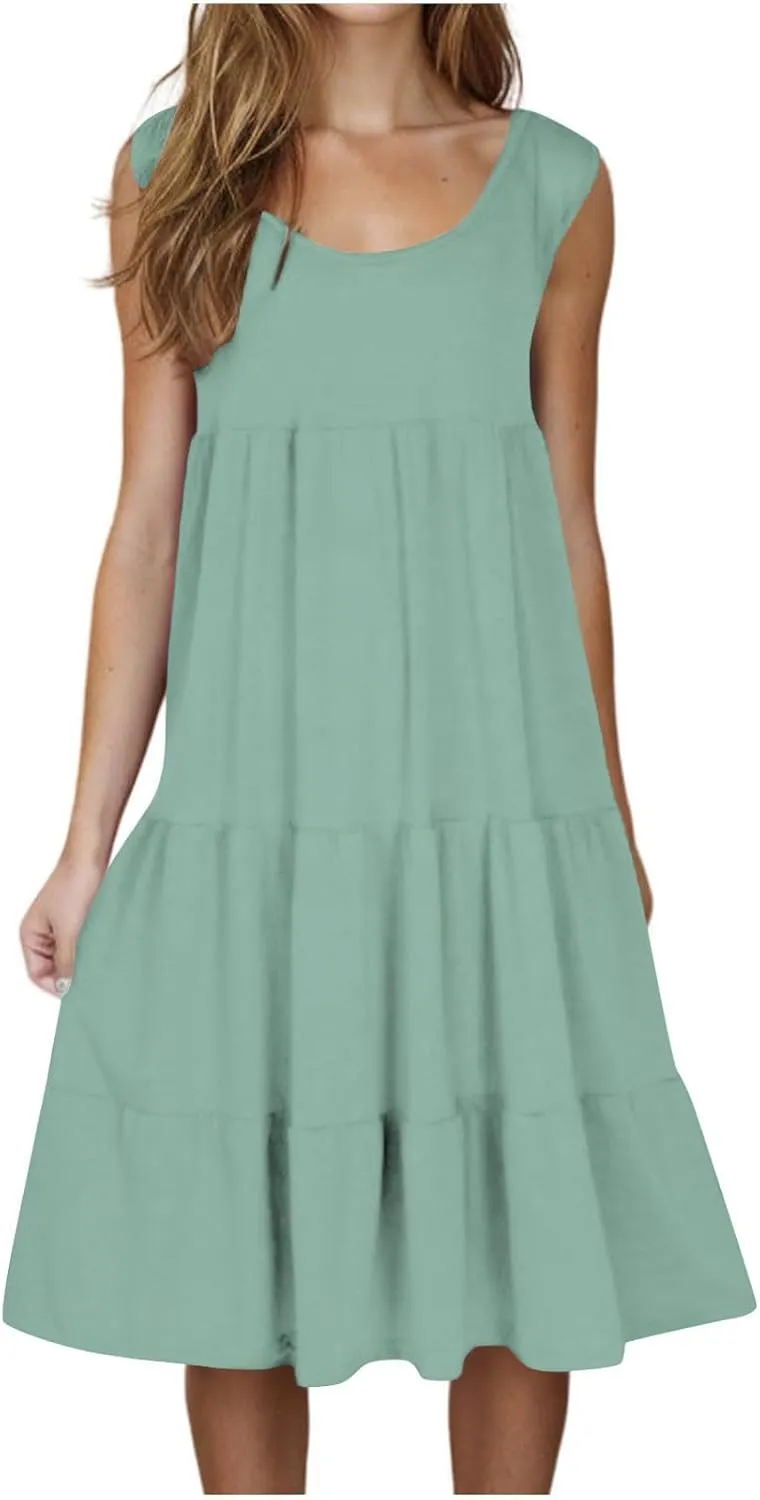 Summer Dresses for Women 2025 Vacation Sleeveless Crewneck Mini Tank Dress Tiered Ruffle Flowy Beach Sundresses