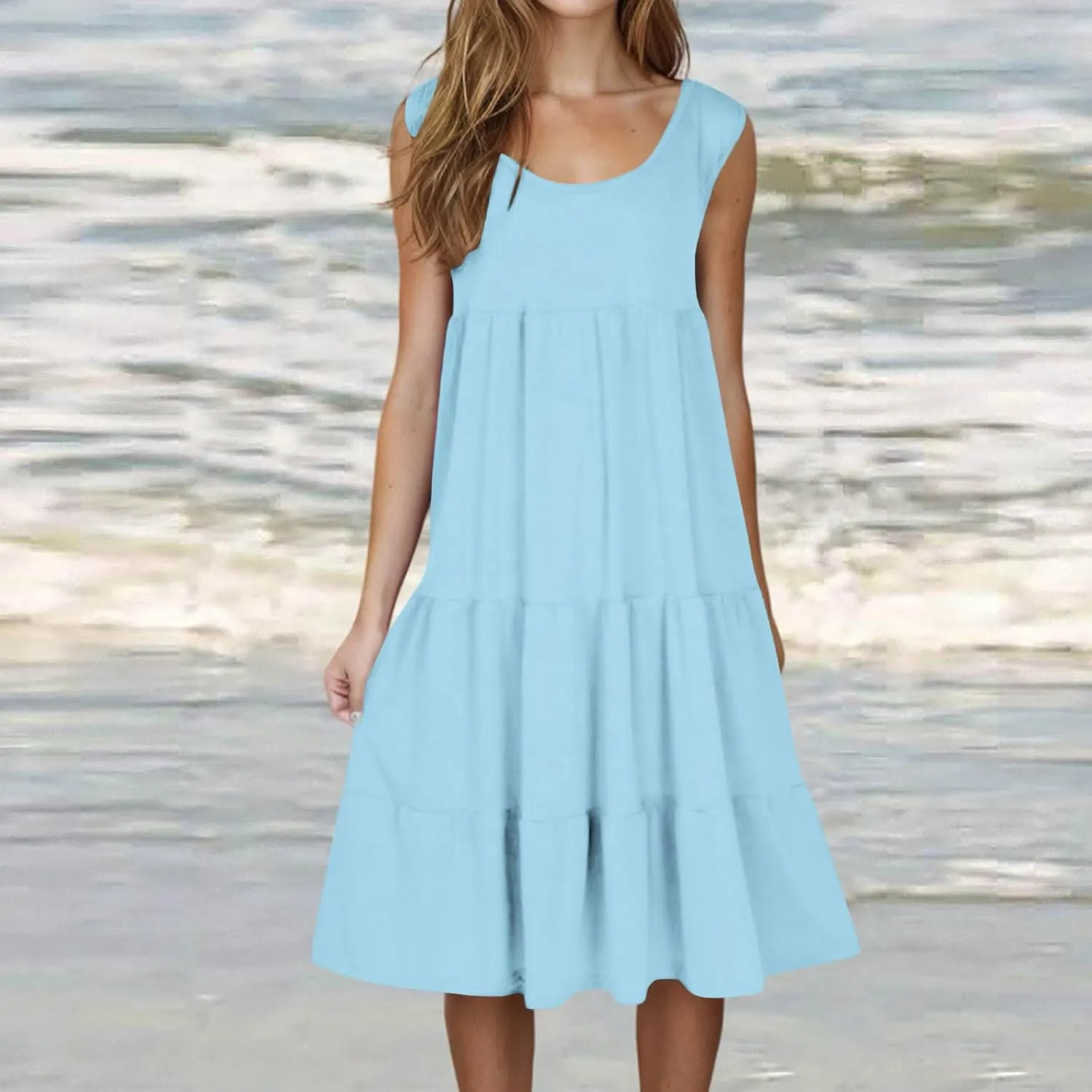 Summer Dresses for Women 2025 Vacation Sleeveless Crewneck Mini Tank Dress Tiered Ruffle Flowy Beach Sundresses