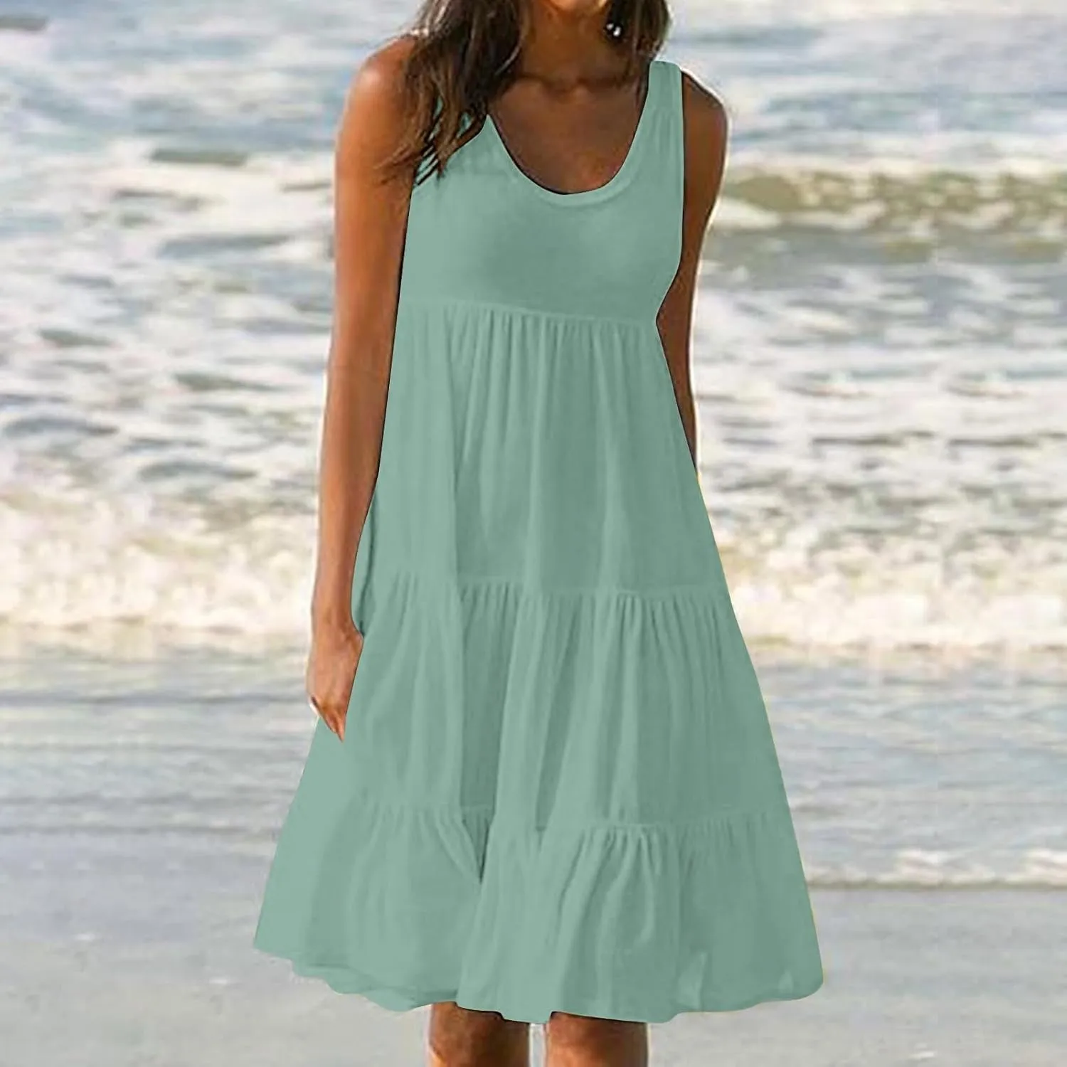 Summer Dresses for Women 2025 Vacation Sleeveless Crewneck Mini Tank Dress Tiered Ruffle Flowy Beach Sundresses