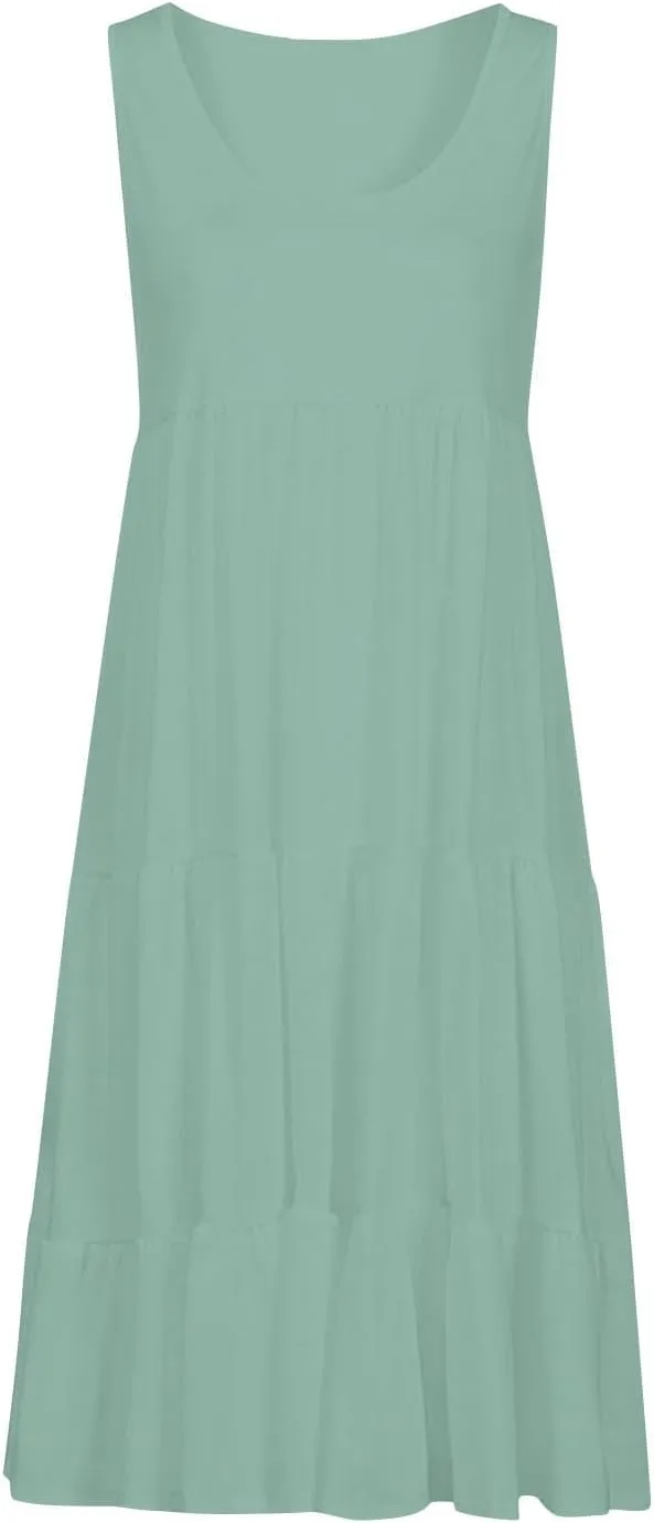Summer Dresses for Women 2025 Vacation Sleeveless Crewneck Mini Tank Dress Tiered Ruffle Flowy Beach Sundresses