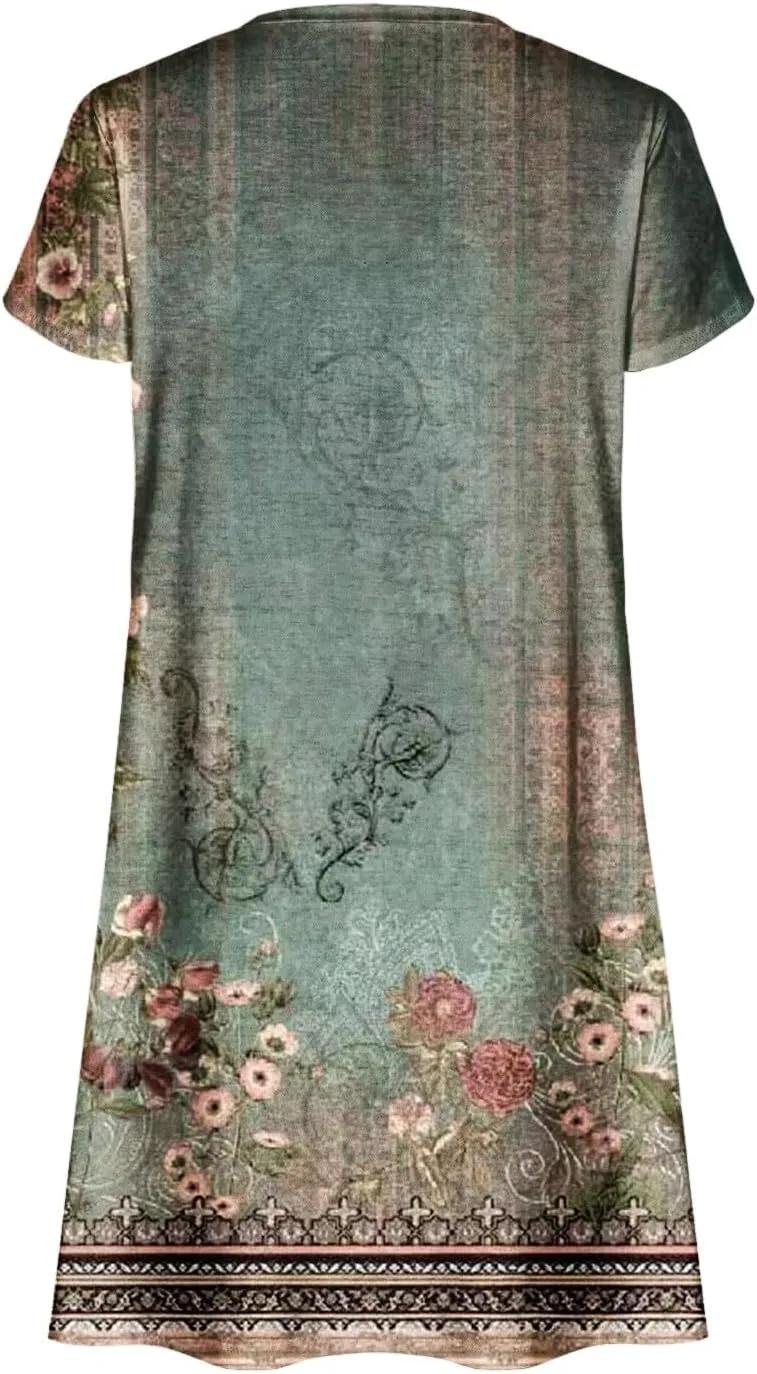 Summer Dresses for Women Vintage Floral Print V Neck Dress Boho Beach Sundress Loose Casual Midi Dress