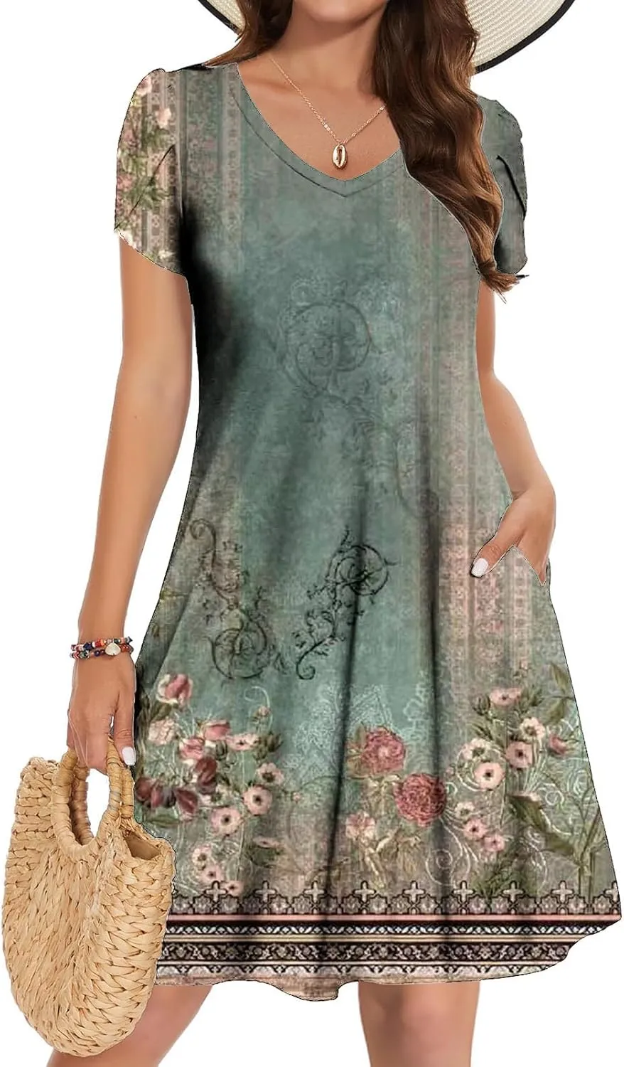 Summer Dresses for Women Vintage Floral Print V Neck Dress Boho Beach Sundress Loose Casual Midi Dress