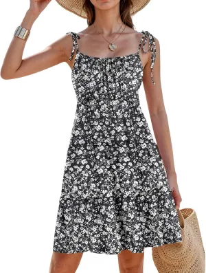 Sundresses for Women 2025 Floral Tiered Mini Skater Dress Cute Summer Spaghetti Strap Flowy Babydoll Sun Dress